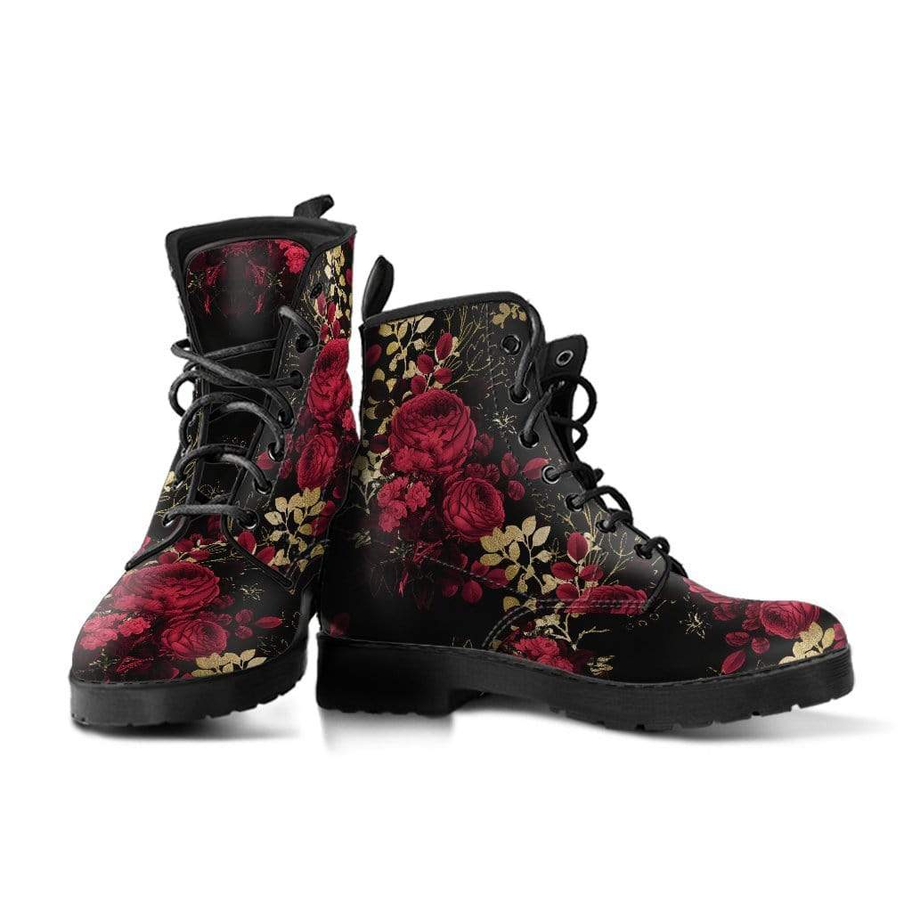 pair of boots printed with red roses on black gothic vegan combat boots