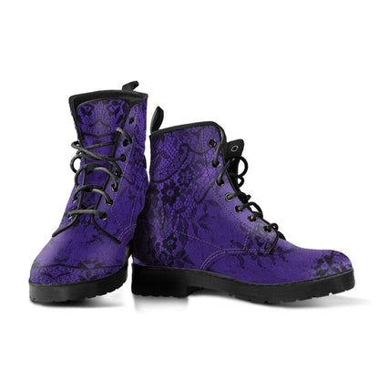 rounded toe on the purple gothic lace print vegan combat boots at Gallery Serpentine