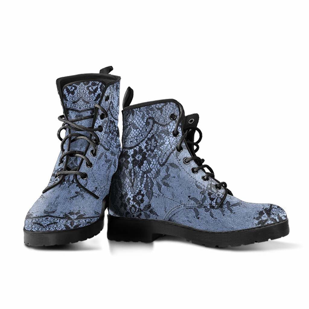 pair of baby blue black gothic lace printed vegan leather boots at Gallery Serpentine
