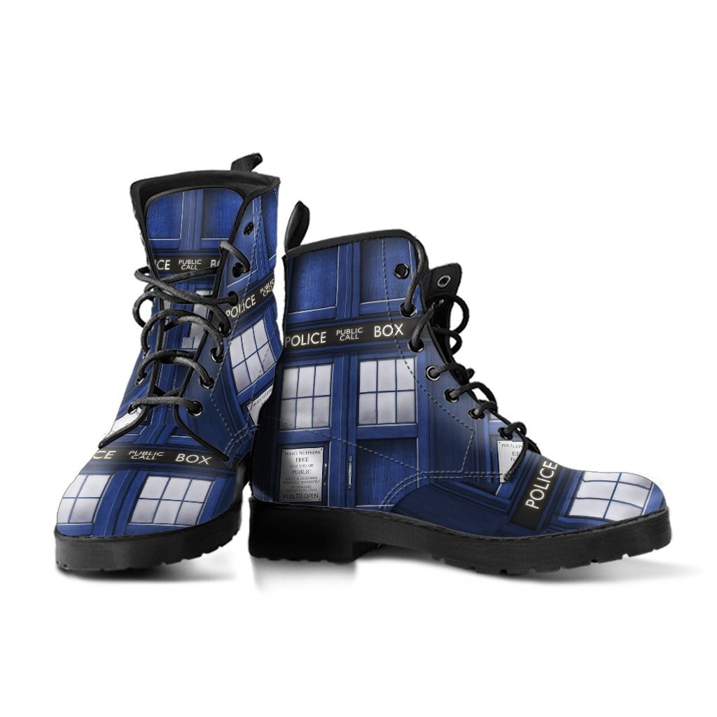 pair of Dr Who Tardis printed combat vegan leather boots