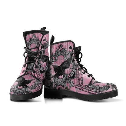 vegan leather Gothic boots printed with a black raven in a victorian grey & pink background