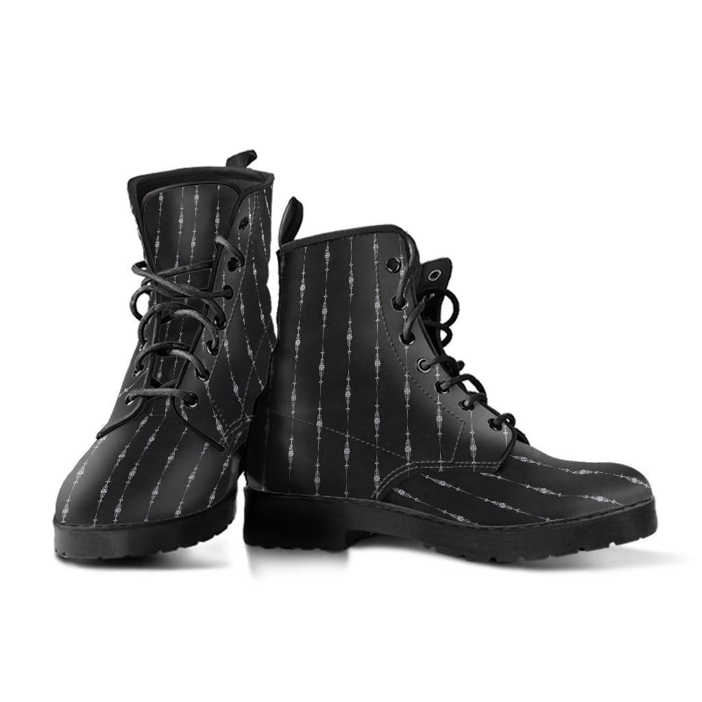pair of gothic pinstripe printed vegan leather boots