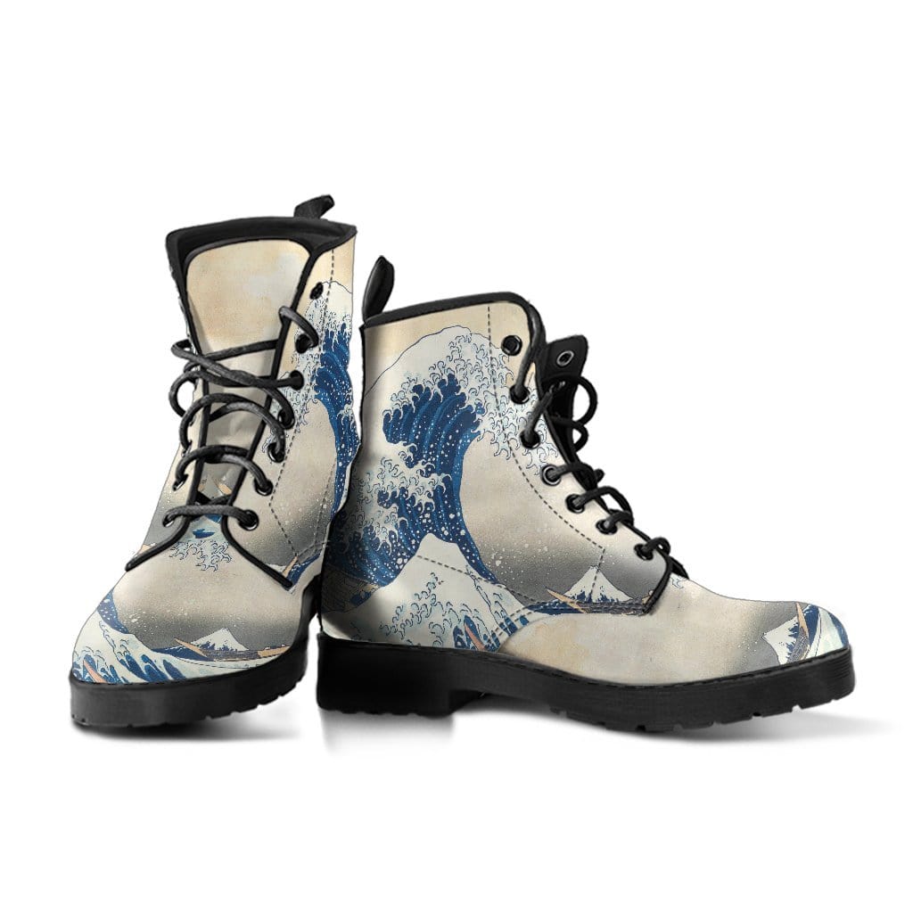 pair of the The Great Wave famous Japanese painting on vegan leather custom made boots at Gallery Serpentine