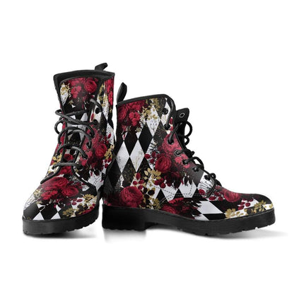 detail of the laces and round toe of the Gothic Red Rose and diamond harlequin printed vegan combat boots at Gallery Serpentine