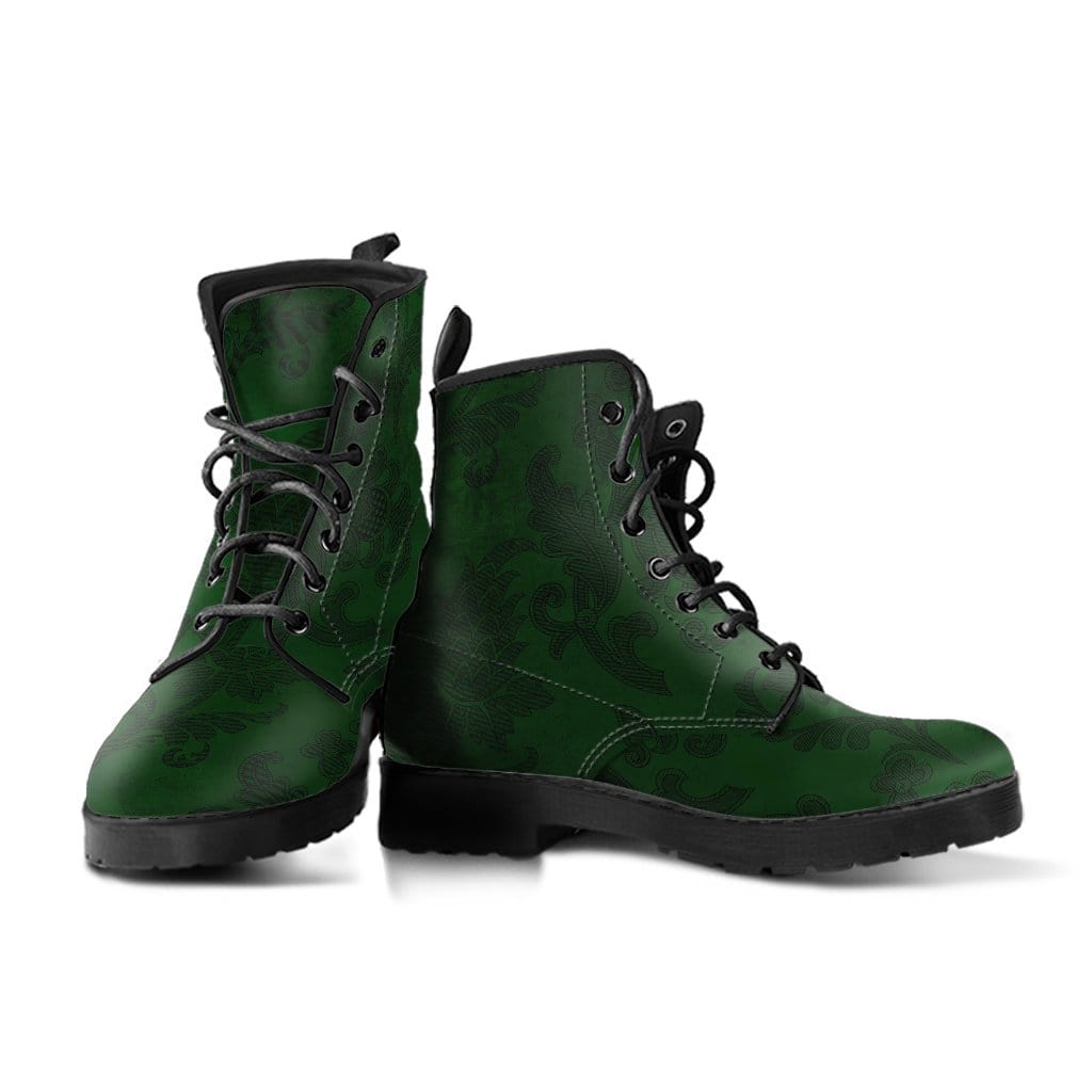 pair of slightly unlaced dark green renaissance patterned custom printed vegan leather boots at gallery serpentine