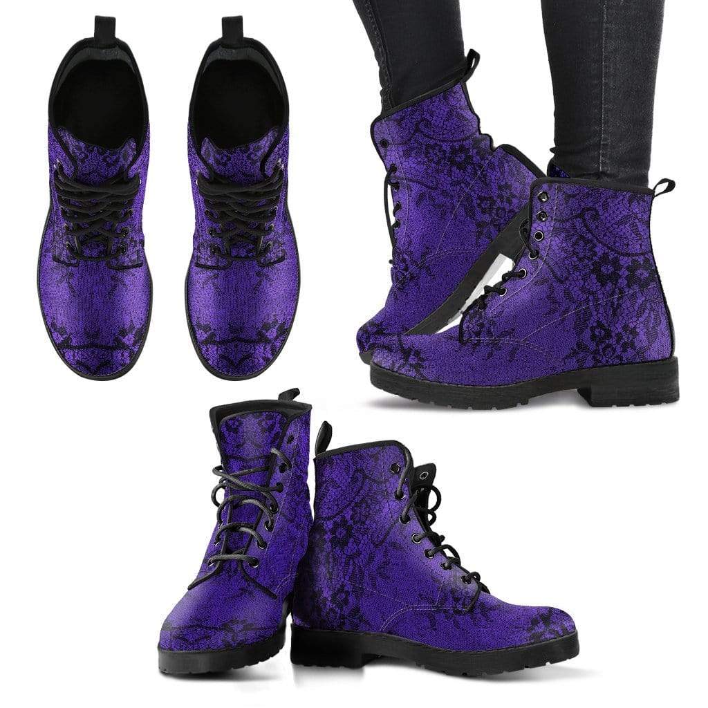 multi views of the purple gothic lace print vegan combat boots at Gallery Serpentine