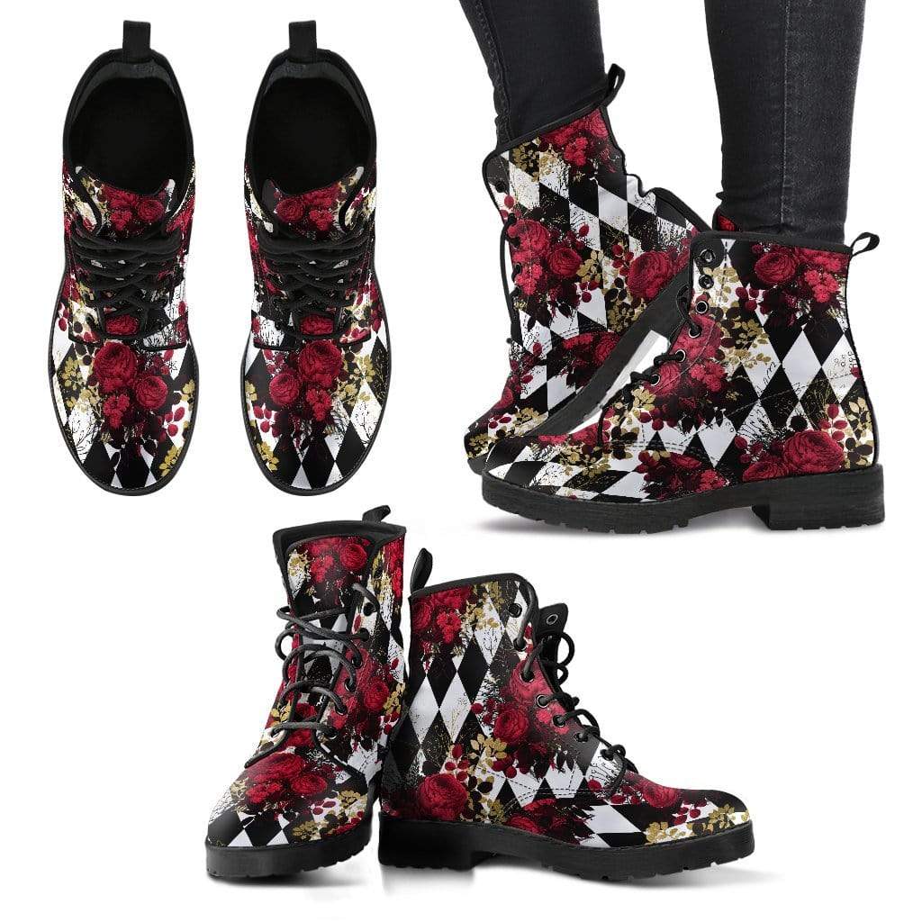 multi views of the Gothic Red Rose and diamond harlequin printed vegan combat boots at Gallery Serpentine