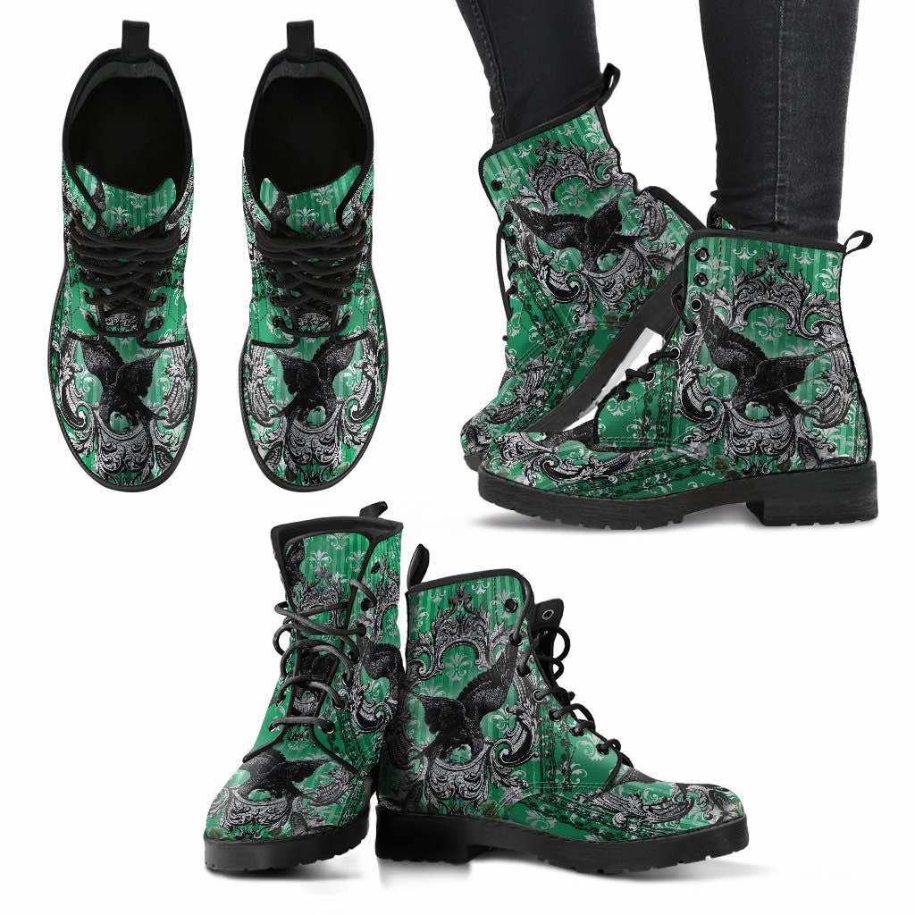 multiple views of the gothic raven in green background on pair of vegan leather boots