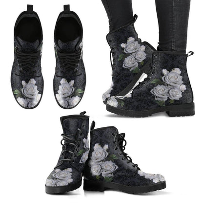 multiple views showing all angles of the renaissance patterned gothic boots featuring bunches of white roses