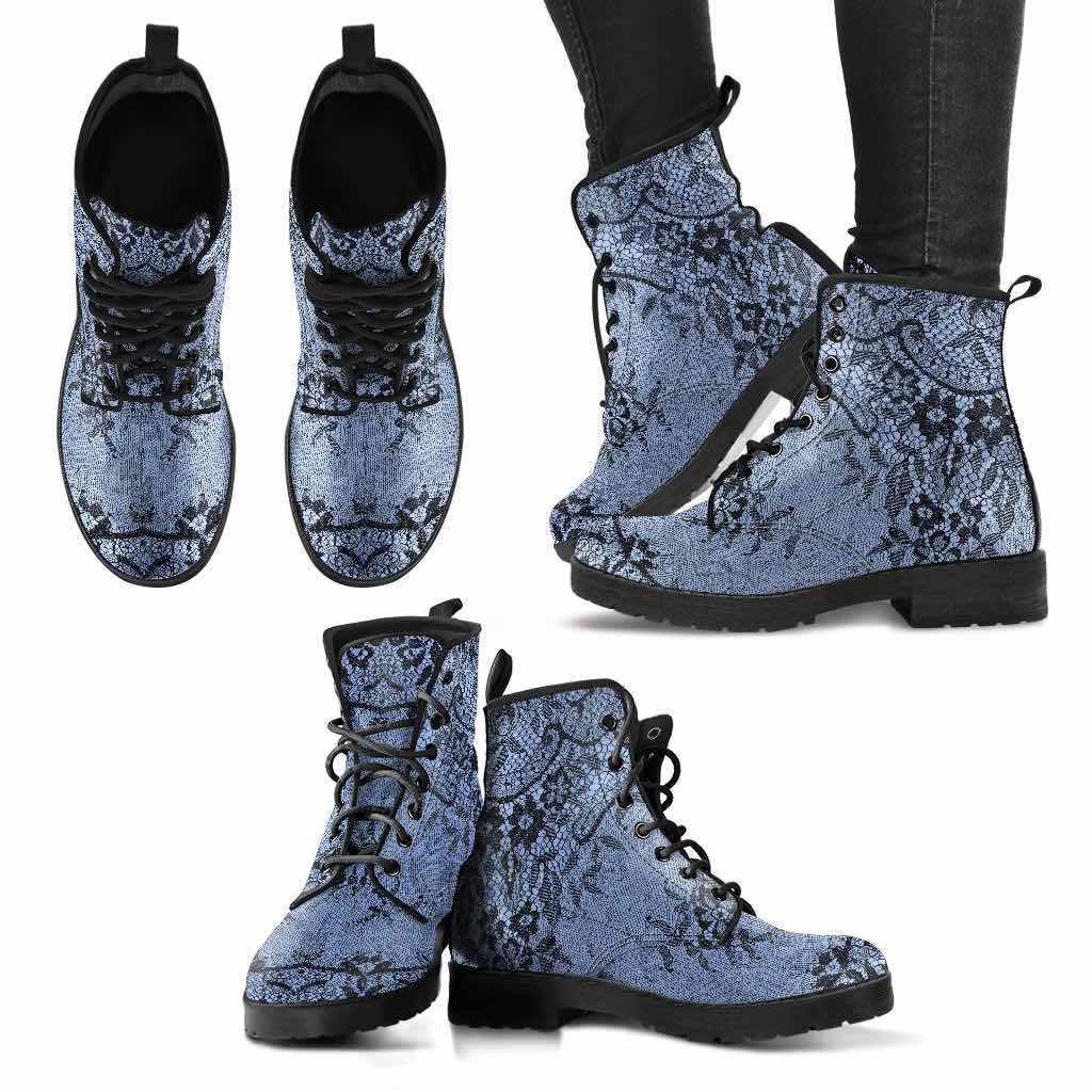 multiple views of the baby blue black gothic lace printed vegan leather boots at Gallery Serpentine