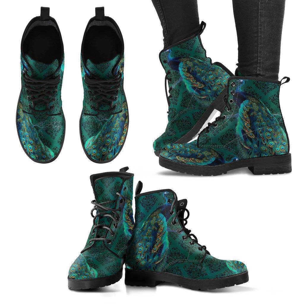 multiple views of the green gold jewelled peacock printed custom vegan boots at Gallery Serpentine