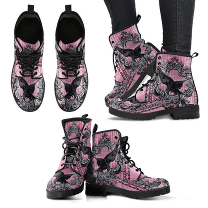 multiple views of the Gothic boots printed with a black raven in a victorian grey & pink background
