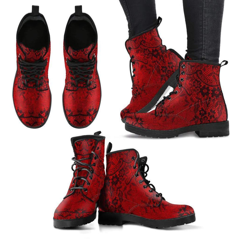 multi view of the gothic black lace printed on red vegan leather boots at Gallery Serpentine