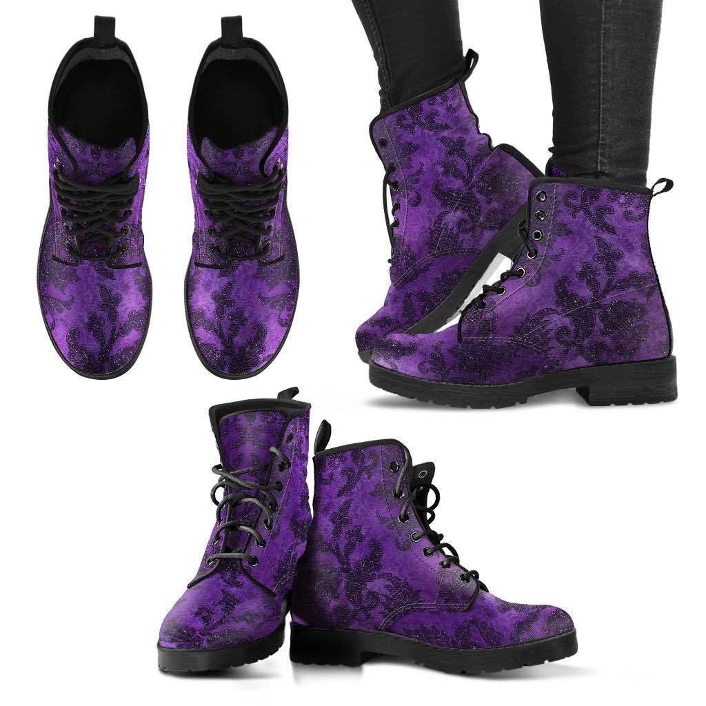 multi view showing laces and rounded toes on the vegan purple damask boots at Gallery Serpentine