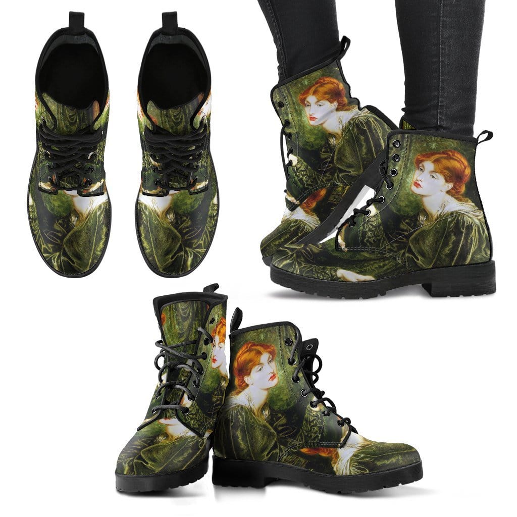 multiple views showing all angles of the Pre-Raphaelite painting on custom made boots