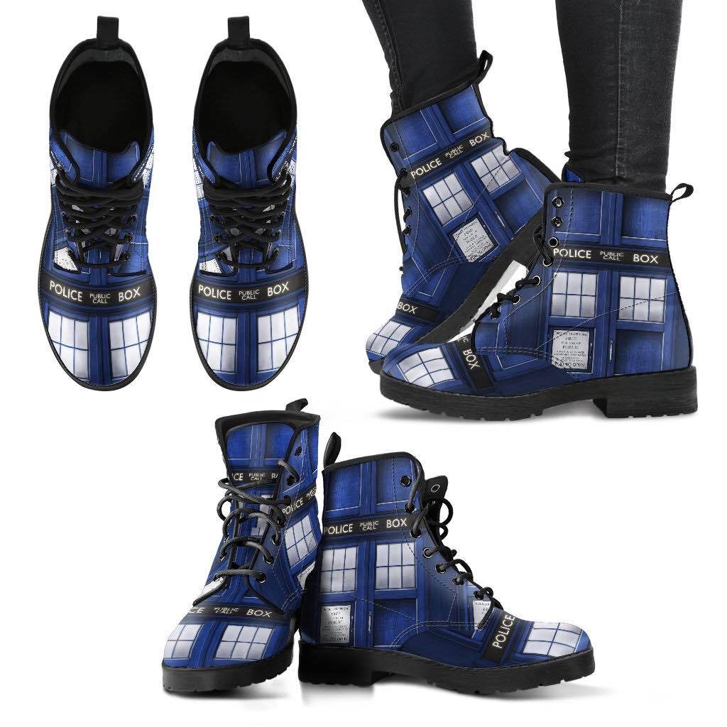 multi views showing laces rounded toes of the Dr Who Tardis printed combat vegan leather boots