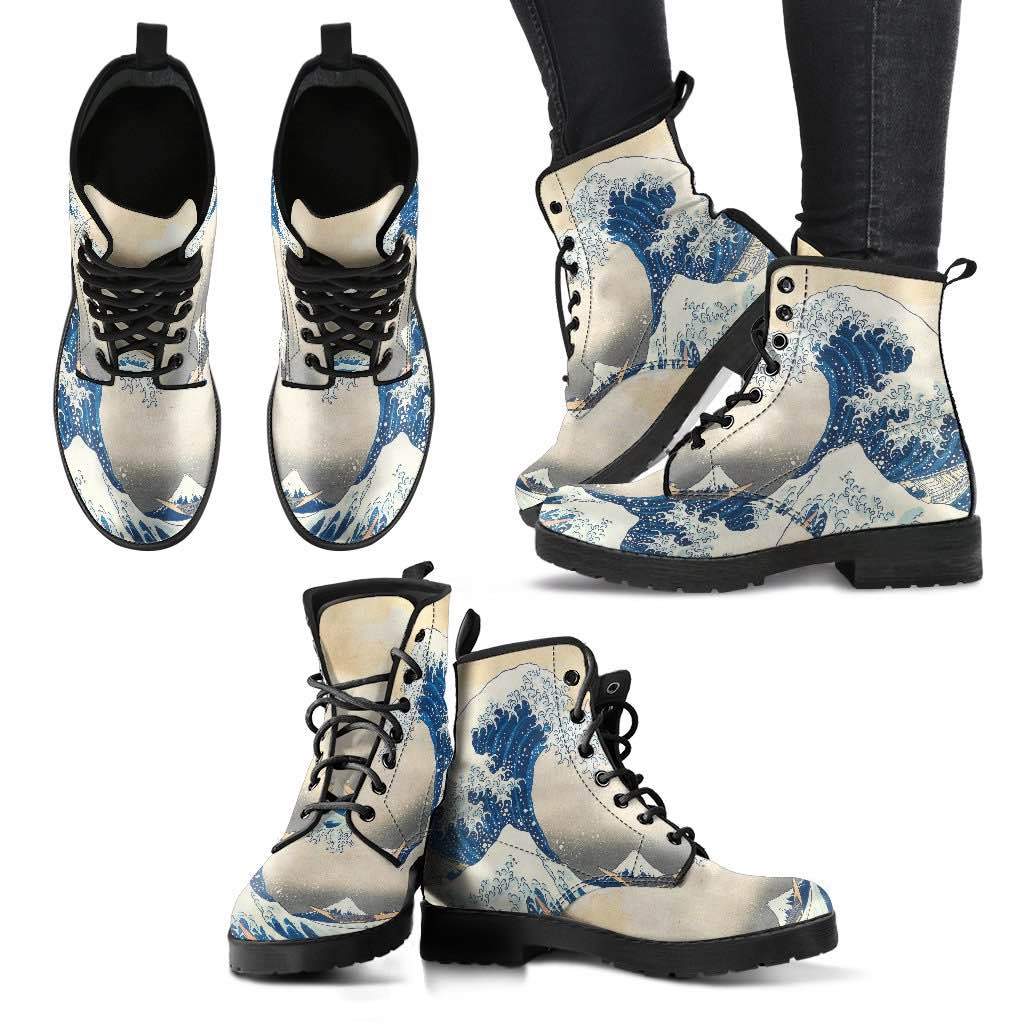multiple views of the The Great Wave famous Japanese painting on vegan leather custom made boots at Gallery Serpentine