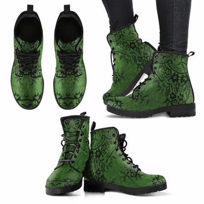 multi views of the green vegan leather boots with a black gothic lace overlay print