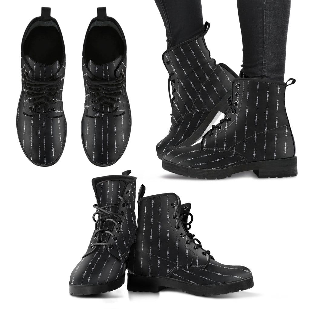 multiple views of the gothic pinstripe pattern on a pair of black vegan leather boots at Gallery Serpentine