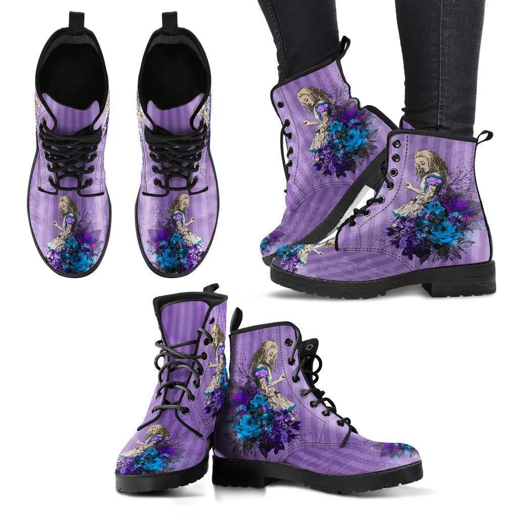 multiple views showing fronts, tops of the vegan leather custom printed boots with lilac lavender purple Alice in Wonderland