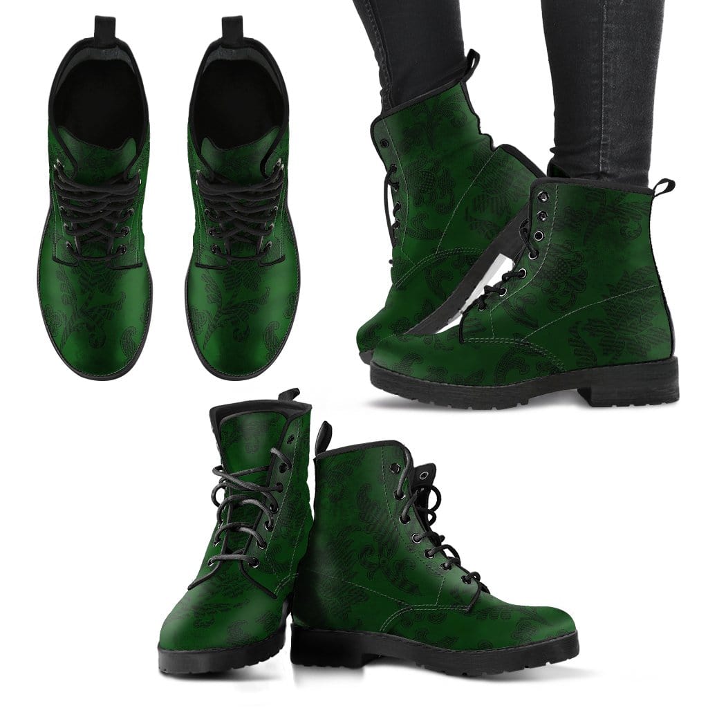 multiple views showing all angles of the dark green renaissance patterned custom printed vegan leather boots at gallery serpentine