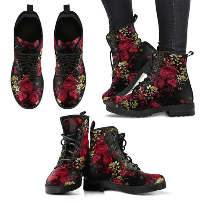 multi views showing the heel and rounded toe of the dark red roses printed vegan combat boots