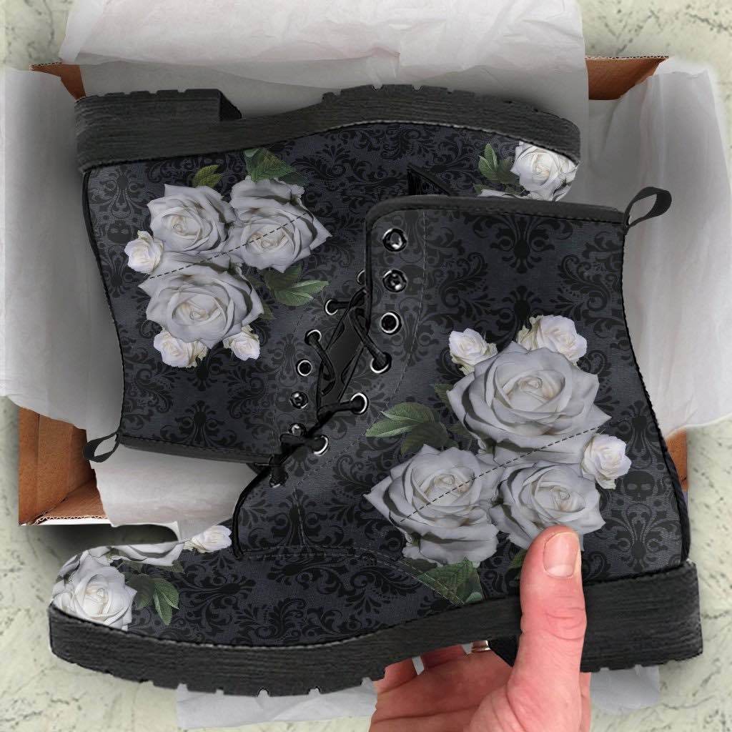 unboxing of the renaissance patterned gothic boots featuring bunches of white roses