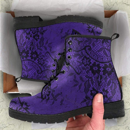 unboxing of the purple gothic lace print vegan combat boots at Gallery Serpentine