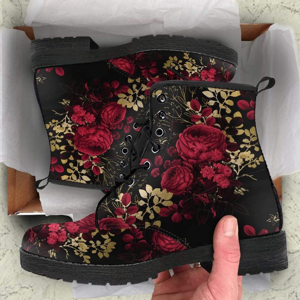unboxing of the vegan combat boots printed with dark red roses