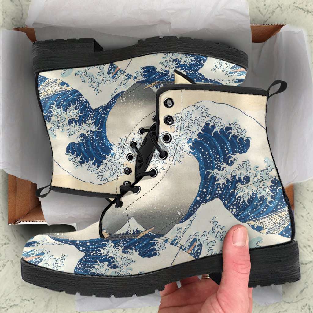 unboxing of the The Great Wave famous Japanese painting on vegan leather custom made boots at Gallery Serpentine
