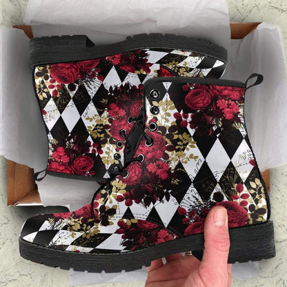 unboxing of the Gothic Red Rose and diamond harlequin printed vegan combat boots at Gallery Serpentine