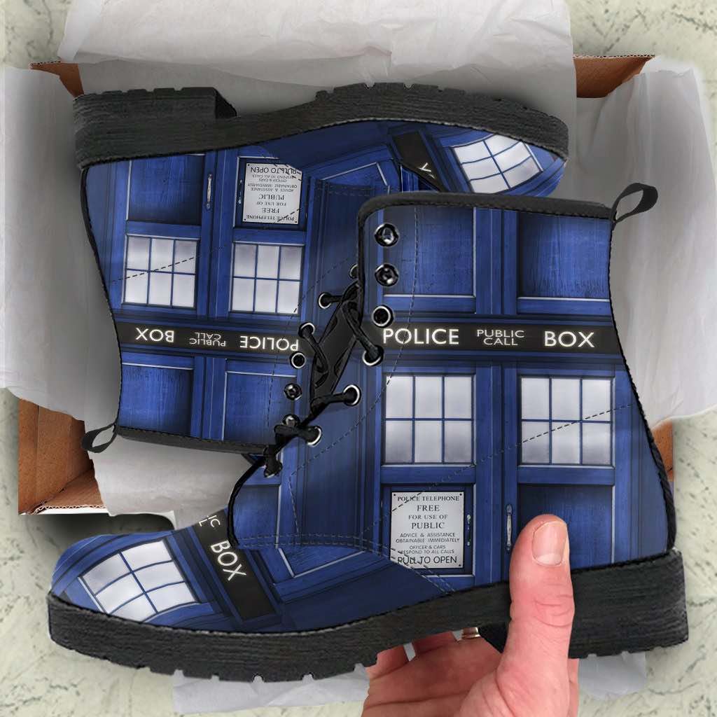 unboxing experience of the Dr Who Tardis printed combat vegan leather boots