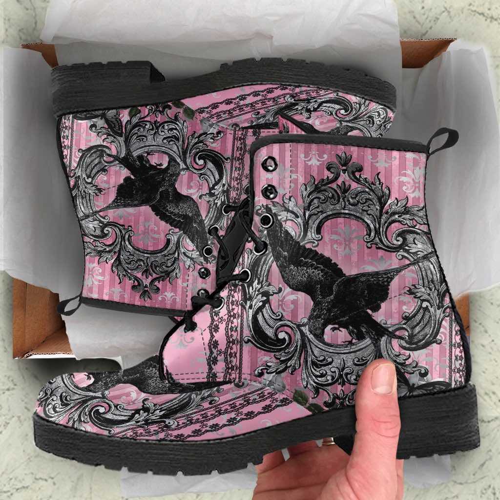how the Gothic boots printed with a black raven in a victorian grey & pink background look when unboxed
