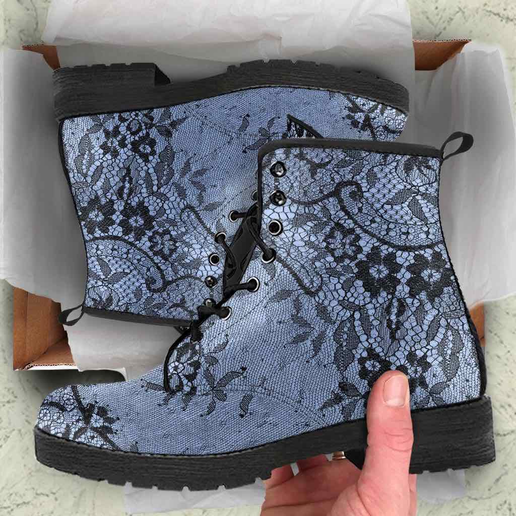 baby blue black gothic lace printed vegan leather boots at Gallery Serpentine showing unboxing