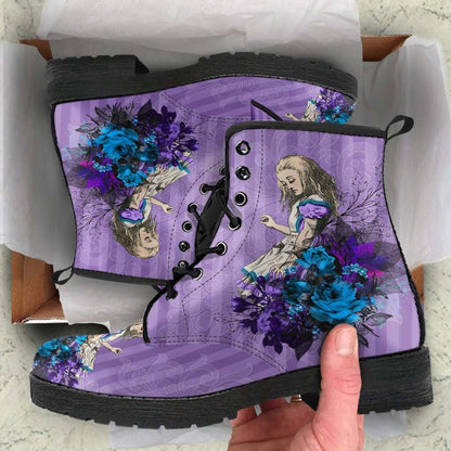 beautiful presentation in box of the vegan leather custom printed boots with lilac lavender purple Alice in Wonderland