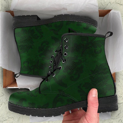 unboxing of the dark green renaissance patterned custom printed vegan leather boots at gallery serpentine