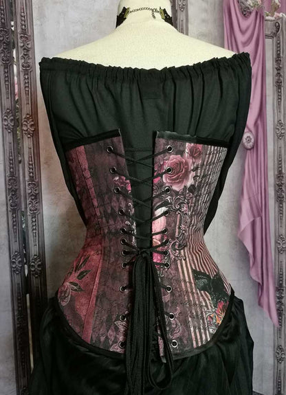 back view of the custom made fabric in Australian made Gallery Serpentine Gothic Memento burgundy dusky pink peach toned steel boned corset made to measure