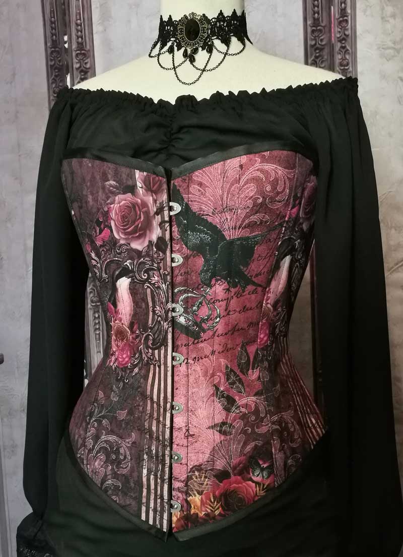 custom made fabric in Australian made Gallery Serpentine Gothic Memento burgundy dusky pink peach toned steel boned corset made to measure 2