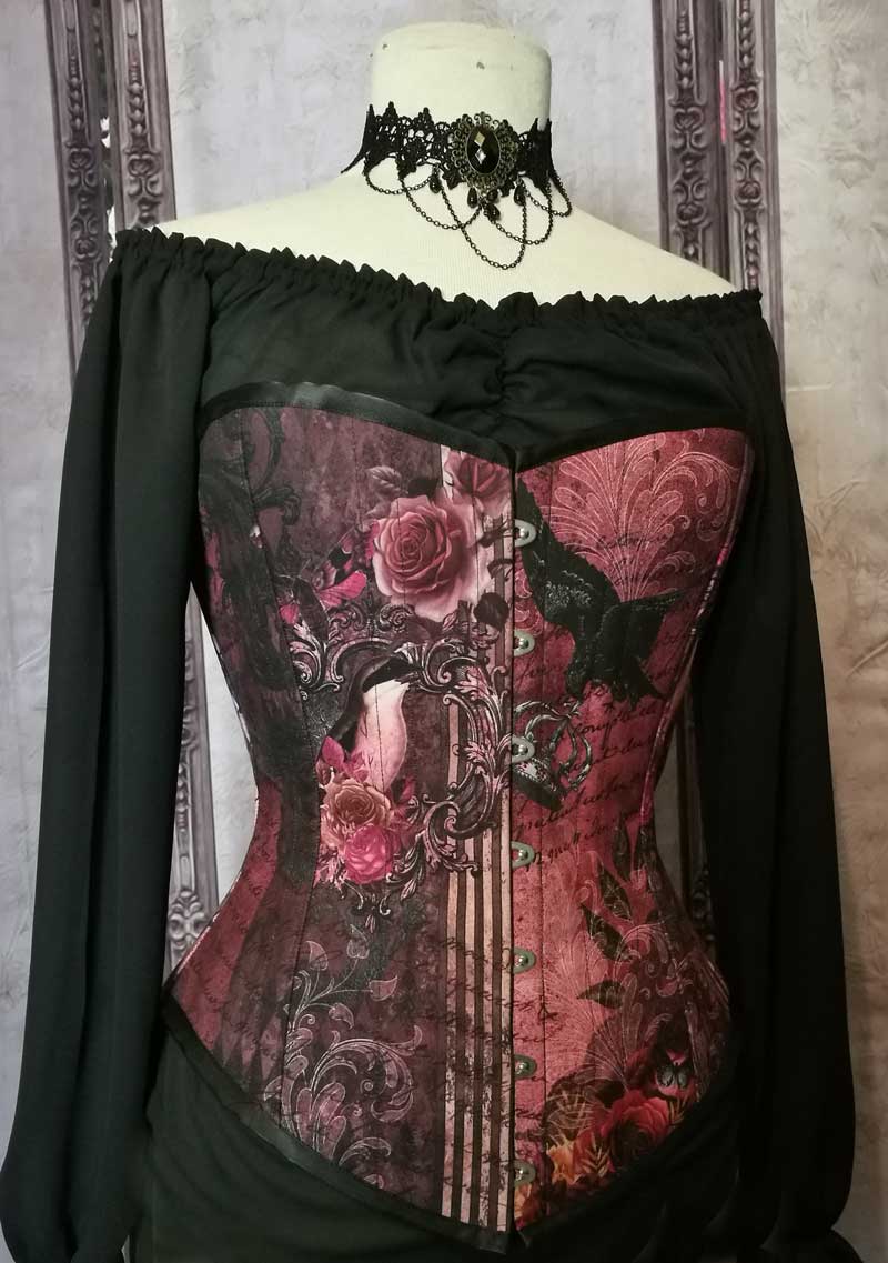 custom made fabric in Australian made Gallery Serpentine Gothic Memento burgundy dusky pink peach toned steel boned corset made to measure