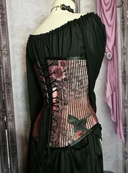 custom made fabric in Australian made Gallery Serpentine Gothic Memento burgundy dusky pink peach toned steel boned corset made to measure, side view