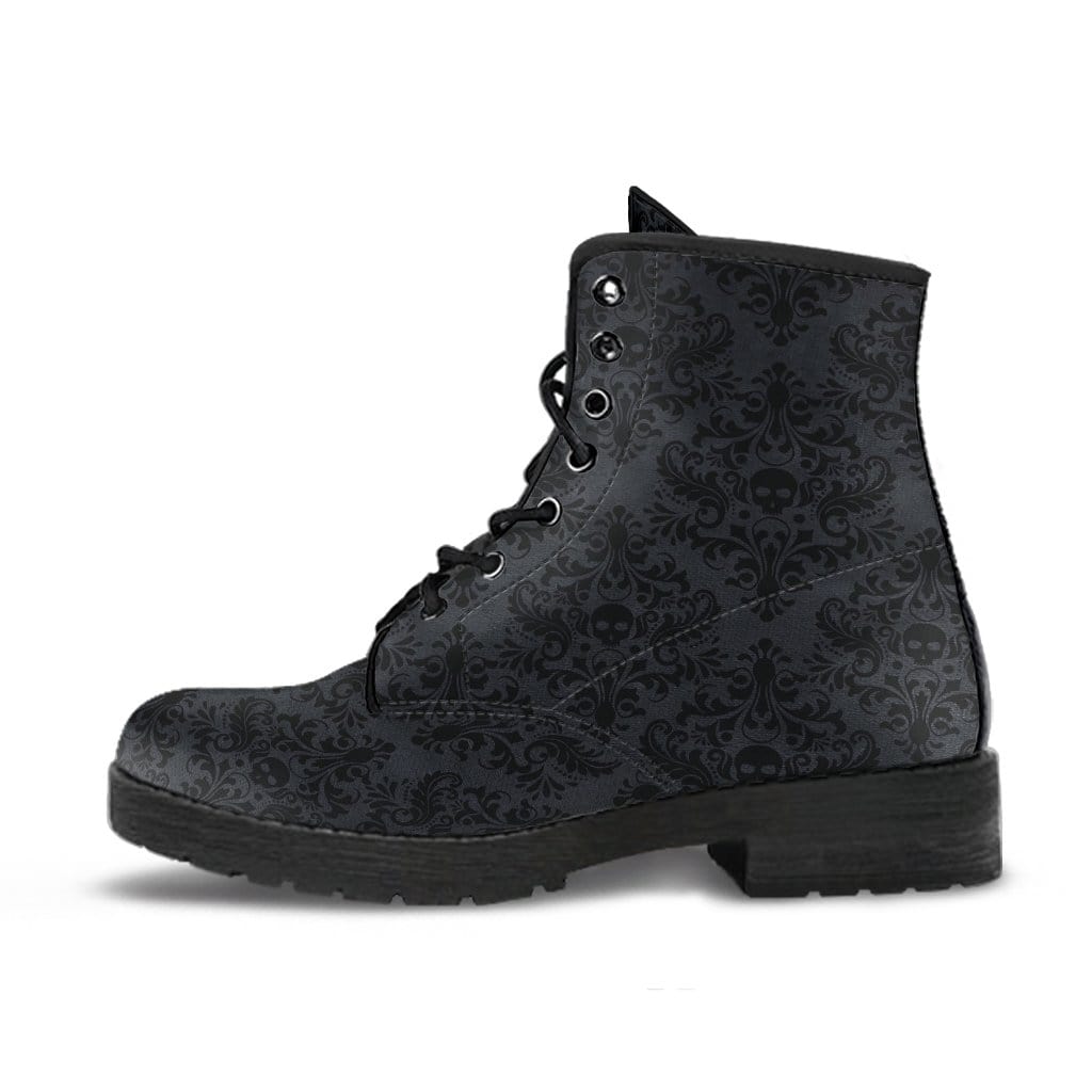 side view of the gothic renaissance print with cute gothic skull in centre on a pair of vegan boots