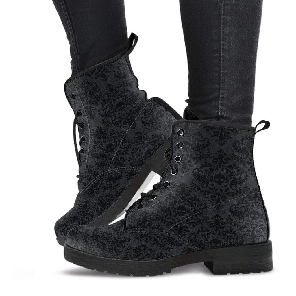 zombie model wearing the gothic renaissance print with cute gothic skull in centre on a pair of vegan boots