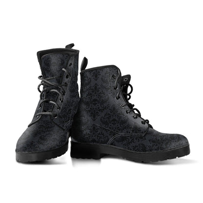 unlaced pair of the gothic renaissance print with cute gothic skull in centre on a pair of vegan boots