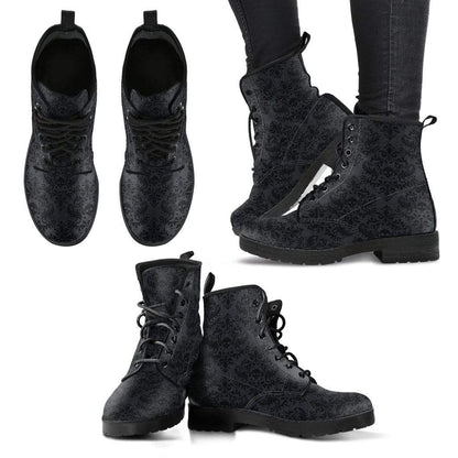 multiple views of the gothic renaissance print with cute gothic skull in centre on a pair of vegan boots