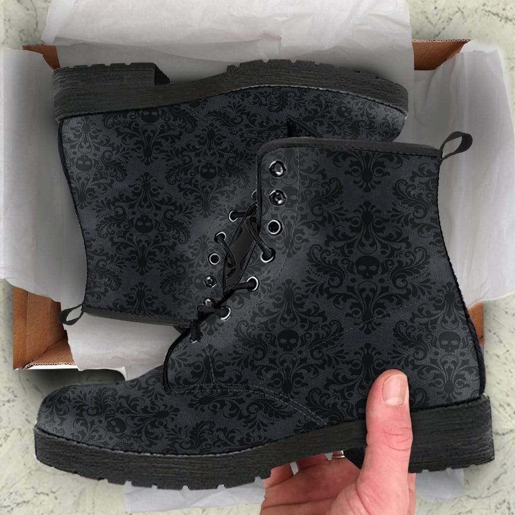 unboxing experience with the gothic renaissance print with cute gothic skull in centre on a pair of vegan boots