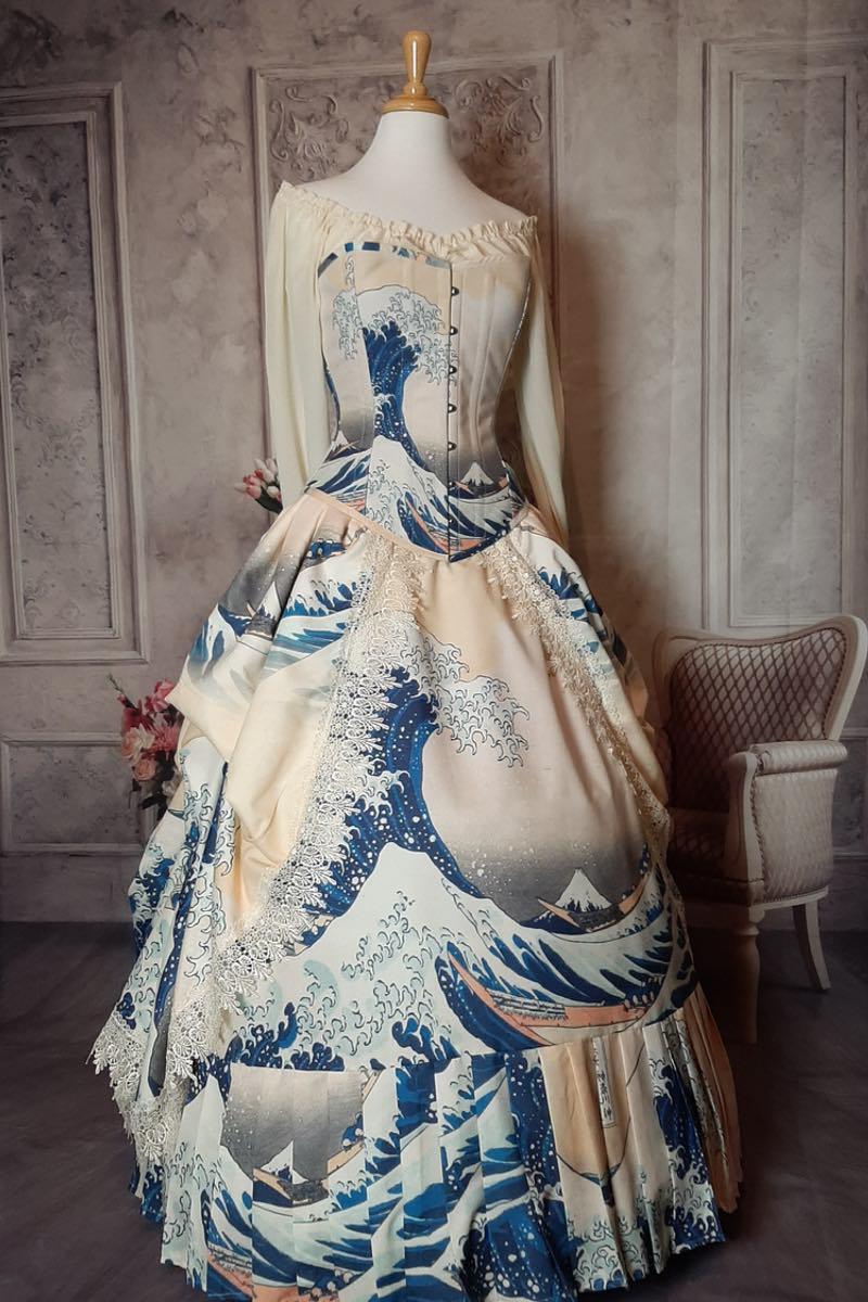 The Great Wave on a victorian corset gown made in Australia