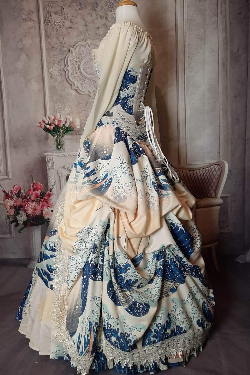 custom made to measure The Great Wave japanese painting on a victorian corset art gown made in Australia