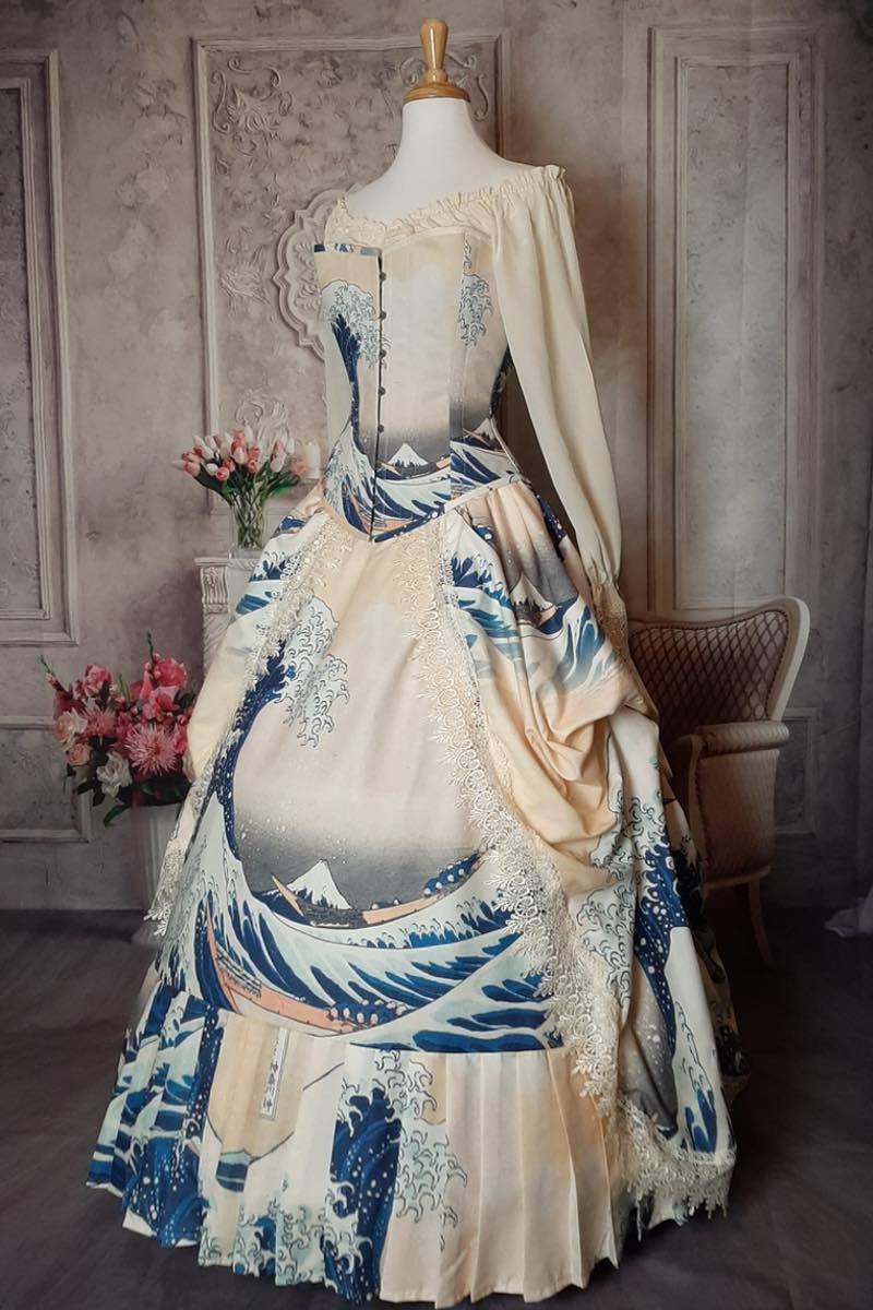 view showing the double layer skirt set of The Great Wave japanese painting on a victorian corset art gown made in Australia