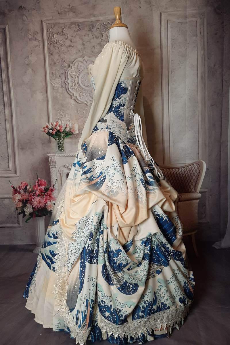 view showing the draping in the skirt of the The Great Wave japanese painting on a victorian corset art gown made in Australia