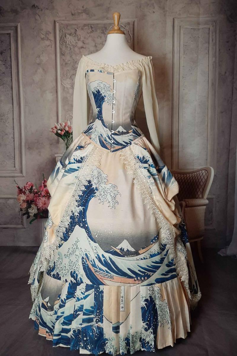 The Great Wave japanese painting on a victorian corset art gown made in Australia